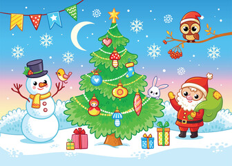 Vector illustration with Christmas tree, Santa Claus, snowman and gifts. Greeting card for Merry Christmas and Happy New Year in a cartoon style.