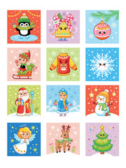 Merry Christmas and Happy New Year Set of greeting cards, posters, holiday stickers. Santa Claus.