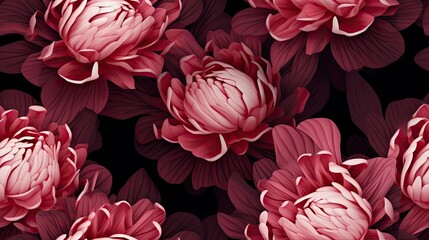  a close up of a bunch of flowers on a black background with pink flowers in the middle of the picture.  generative ai