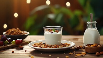 Lifestyle product shot of muesli with milk healthy breakfast on wooden table. Play light and shadow - obrazy, fototapety, plakaty