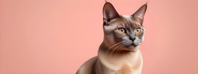 Burmese cat on a pastel background. Cat a solid uniform background, for your advertising and design with copy space. Creative animal concept. Looking towards camera.