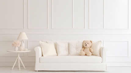 Creative composition of stylish and cozy child room interior plus. Generative Aih pillow and stool