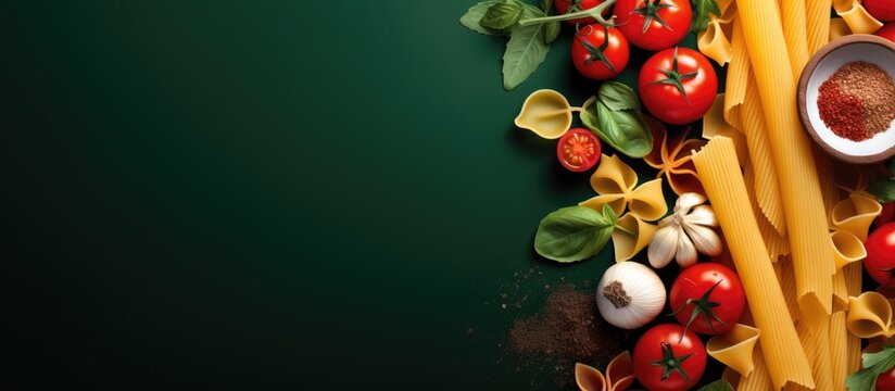 A modern restaurant banner featuring a colorful background pattern with a textured wheat motif showcasing a healthy and delicious mockup of Italian pasta perfectly representing the fusion o