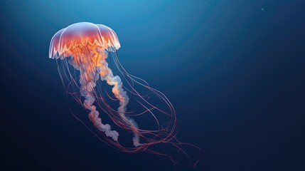  a red and white jellyfish floating in a blue ocean with a light shining on it's back end.  generative ai