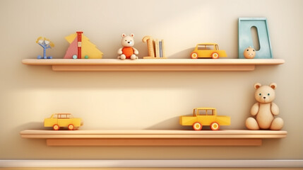 Wooden shelf with baby clothes, toys and accessories in room. Generative Ai - obrazy, fototapety, plakaty
