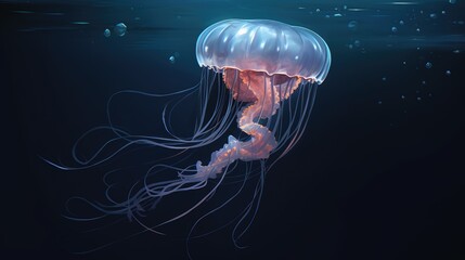  a jellyfish floating in the water with its head above the water's surface, looking like it is floating in the air.  generative ai