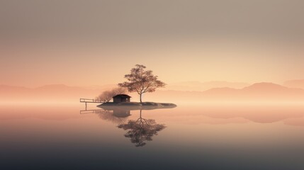  a lone tree on a small island in the middle of a body of water with a foggy sky in the background.  generative ai