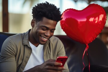 An African American man sitting on a sofa, holding a cellphone, and making a video call to his partner, with a heart-shaped balloon celebrating Valentine's Day in the background. - Powered by Adobe