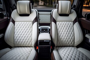 Front view of white leather back passenger seats in modern luxury car with elegant design - obrazy, fototapety, plakaty