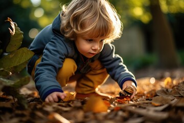 A curious Caucasian preschooler crouches to inspect a snail on a leaf. His eyes sparkle with wonder and curiosity, forging a connection with the natural world.