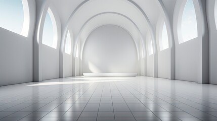 Futuristic white corridor with arches reflecting on glossy floor, minimalist sphere centered in a tranquil, spacious interior design.