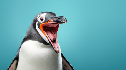 Advertising portrait, banner, screaming cheerful penguin with open mouth, isolated on blue background