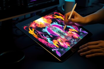The hands of an artist holding a digital drawing tablet and stylus, creating a vibrant digital masterpiece. - obrazy, fototapety, plakaty
