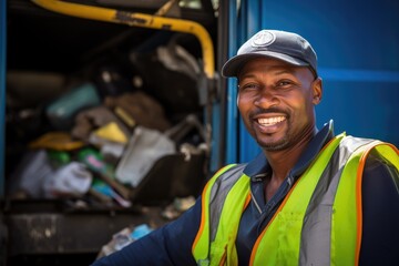 A devoted city employee, focused on waste management, supervising a team of coworkers engaged in operating a recycling collection service vehicle.