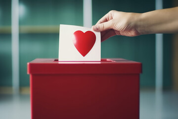Woman hand put white card with red heart sign into slot of red donation box. Charity, donation, election, fundraising, help, love, giving tuesday, gratitude concept