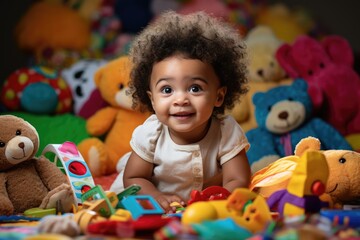 An African American baby sits among colorful, textured toys, reaching out with wide-eyed wonder to touch a soft fabric. Sensory exploration unfolds, fostering curiosity and discovery.