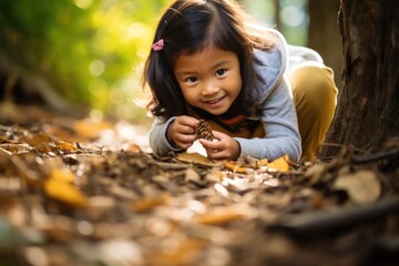 A young girl of Asian descent explores a forest, crouching to examine an animal track in the dirt. Her wide-eyed curiosity and connection with nature epitomize early outdoor learning.