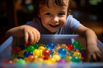 A Caucasian child delves into a bin of colorful sensory materials, from squishy gel to textured beads. His look of amazement captures the essence of sensory development during playful exploration. - obrazy, fototapety, plakaty