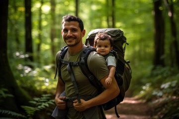 A determined young father, of Hispanic descent, embarks on a forest trail hike with an infant in a secure chest carrier. Their shared adventure epitomizes the joy of outdoor family exploration.