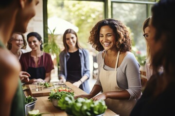 Diverse participants, various ages and races, gather for a nutritionist-led cooking class. Her expertise creates a nurturing, informative atmosphere.