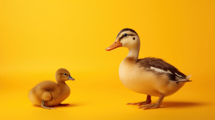 Advertising portrait, banner, young gray duck and duckling in front of, isolated on yellow background