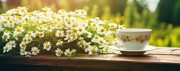 Camomille flower with cup of the tea. - obrazy, fototapety, plakaty