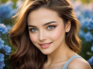 Fototapeta premium Portrait of gorgeous sensual attractive brunette Caucasian female model smiling in flower field, fashion and beauty concept, people background 