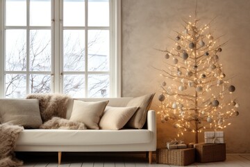 Modern stylish living room with white sofa and pillows, wicker boxes, large window, alternative eco christmas tree decorated with a glowing garland and balls. New year holiday home decor