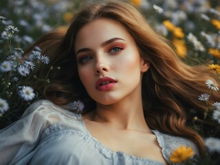 Portrait of gorgeous sensual attractive brunette Caucasian female model smiling in flower field, fashion and beauty concept, people background
