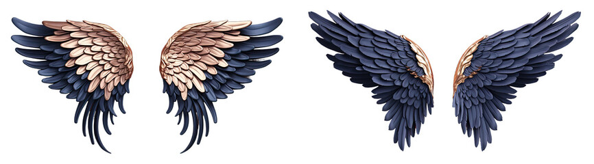 blue and gold angel wings isolated on transparent background.blue and gold wings.
