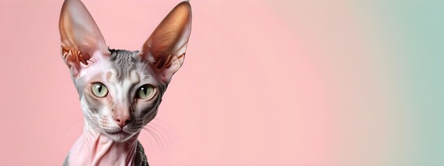 Cornish Rex cat on a pastel background. Cat a solid uniform background, for your advertising and design with copy space. Creative animal concept. Looking towards camera.