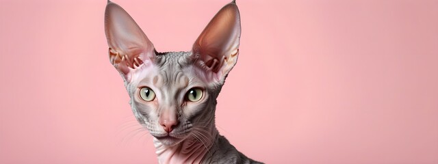 Cornish Rex cat on a pastel background. Cat a solid uniform background, for your advertising and design with copy space. Creative animal concept. Looking towards camera.