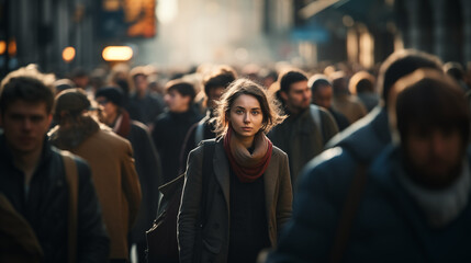 Fototapeta na wymiar Woman Lost in the Blurred Crowd on the Street