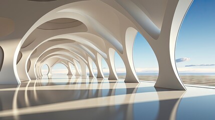 Obraz premium Futuristic white corridor with arches reflecting on glossy floor, minimalist sphere centered in a tranquil, spacious interior design.