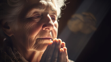 Lifestyle closeup shot of grandma prays, closed eyes, folded hands under the light from the window...