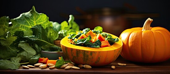 Cooking a healthy organic dinner with a nutritious pumpkin as the main ingredient the green and orange colors add a vibrant touch to the meal making it a delicious and natural cuisine for a