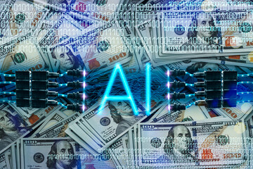 AI and finance concept. Artificial intelligence, of bills 100 US dollars. Making money in financial markets with new technology generative AI Machine Learning tools