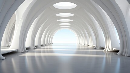 Futuristic white corridor with arches reflecting on glossy floor, minimalist sphere centered in a tranquil, spacious interior design.