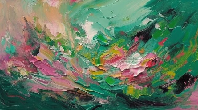 Closeup of abstract rough colorful green pink colors art painting texture background wallpaper, with oil or acrylic brushstroke waves, pallet knife paint on canvas. Art concept. Decor concept. Drawing