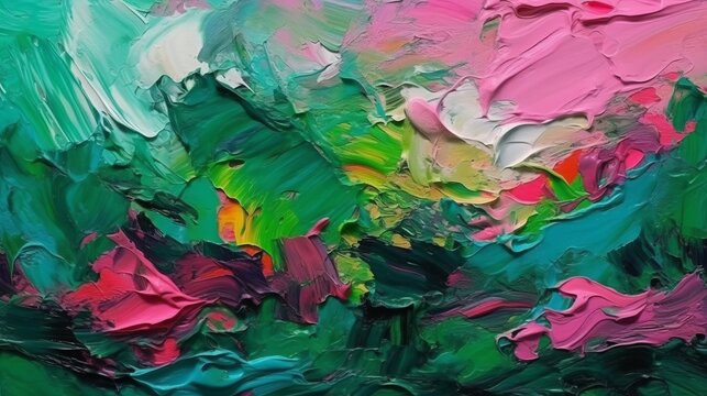 Closeup of abstract rough colorful green pink colors art painting texture background wallpaper, with oil or acrylic brushstroke waves, pallet knife paint on canvas. Art concept. Decor concept. Drawing