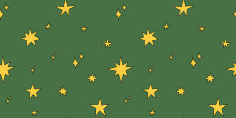 Seamless pattern with stars on a green background. Vector illustration. Christmas texture.