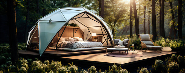 Modern tent with a white dome and a window in the forest on a warm summer day