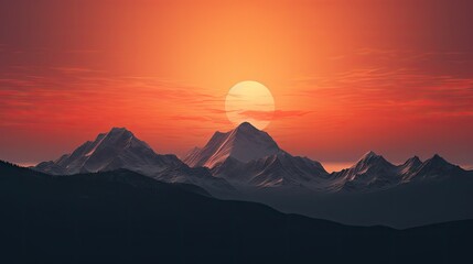 Fototapeta premium a painting of a mountain range with the sun setting in the background and a red and orange sky in the foreground. generative ai
