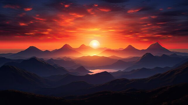  a painting of a sunset over a mountain range with a bright orange sun in the middle of the mountain range.  generative ai