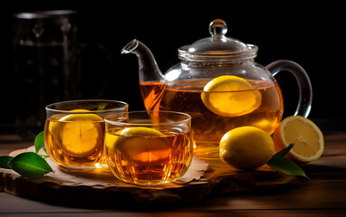 winter beverages concept with tea pot with lemon on rustic background