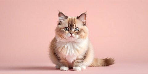 Munchkin cat on a pastel background. Cat a solid uniform background, for your advertising and design with copy space. Creative animal concept. Looking towards camera.