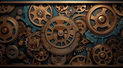 An intricate pattern of interlocking gears and cogs in a steampunk style