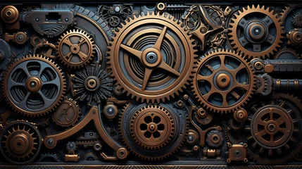 Fotobehang An intricate pattern of interlocking gears and cogs in a steampunk style © SAJAWAL JUTT