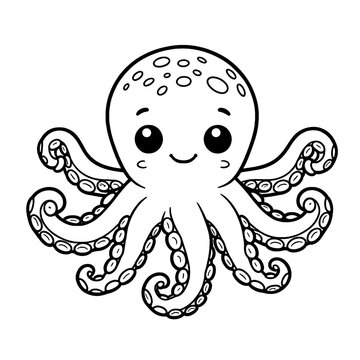 Octopus, coloring book page, coloring page, aquatic sea life, black and white, isolated, vector art, toddler, preschool, kindergarten