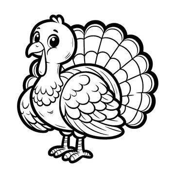 Turkey, bird, thanksgiving, pilgrim holiday coloring book page, coloring page, farm animal, black and white, isolated, vector art, toddler, preschool, kindergarten